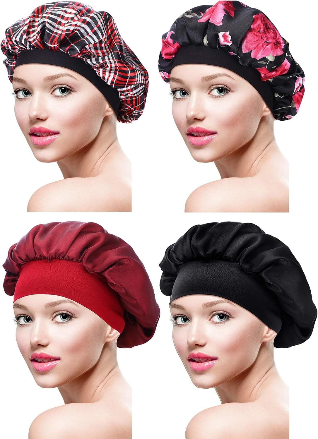 4 Pieces Satin Bonnet Sleeping Cap Soft Night Bonnet Head Cover for Women Girls (Black, Wine Red, Black Flower Printed, Plaid)
