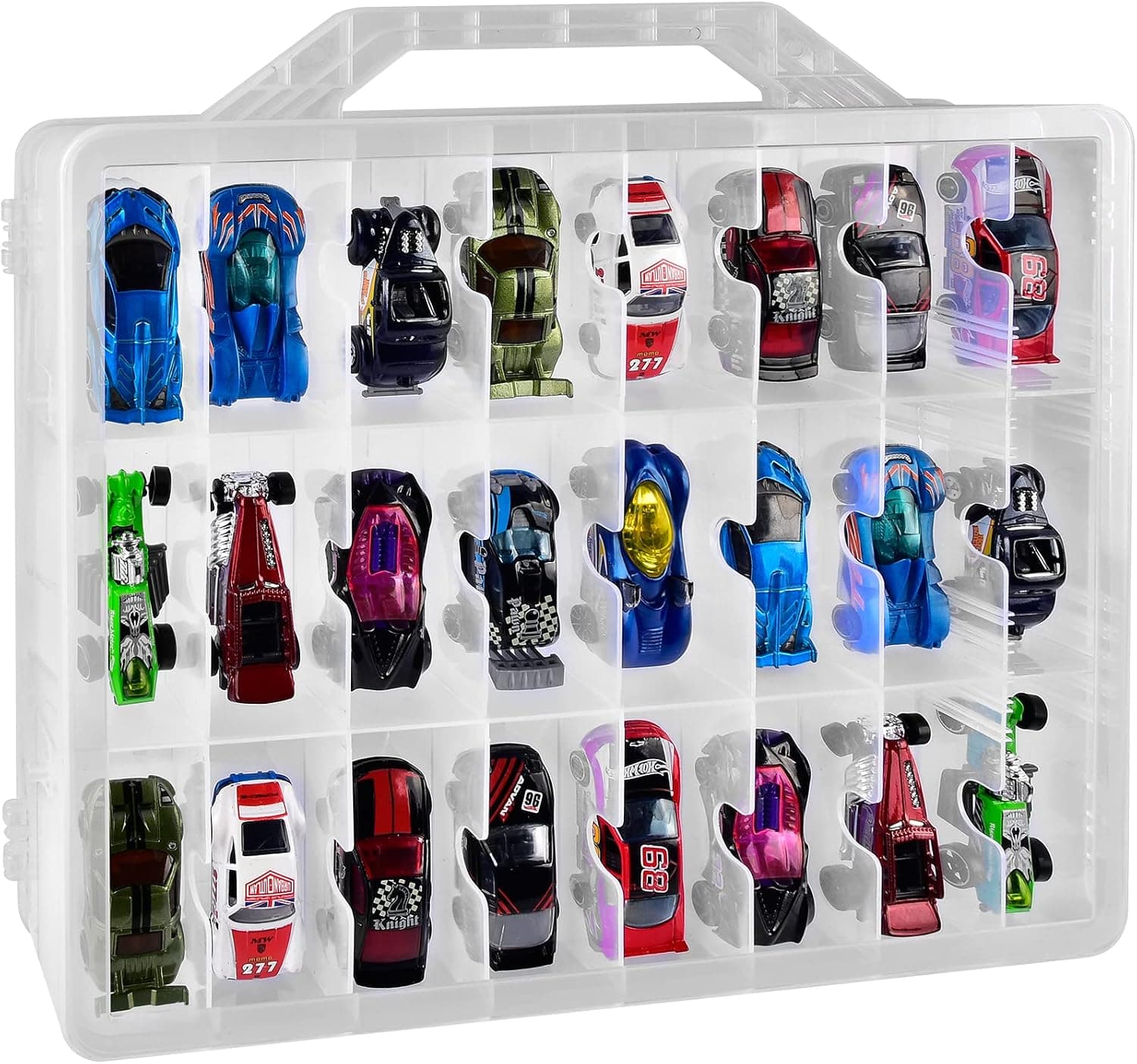 Toy Car Storage Organizer Case Compatible with Hot Wheels/ for Matchbox Cars. Display Carrying Container Holder for LOL Surprise Dolls/ Shopkins/ Bakugan with 48 Compartments Double Sided (Box Only)