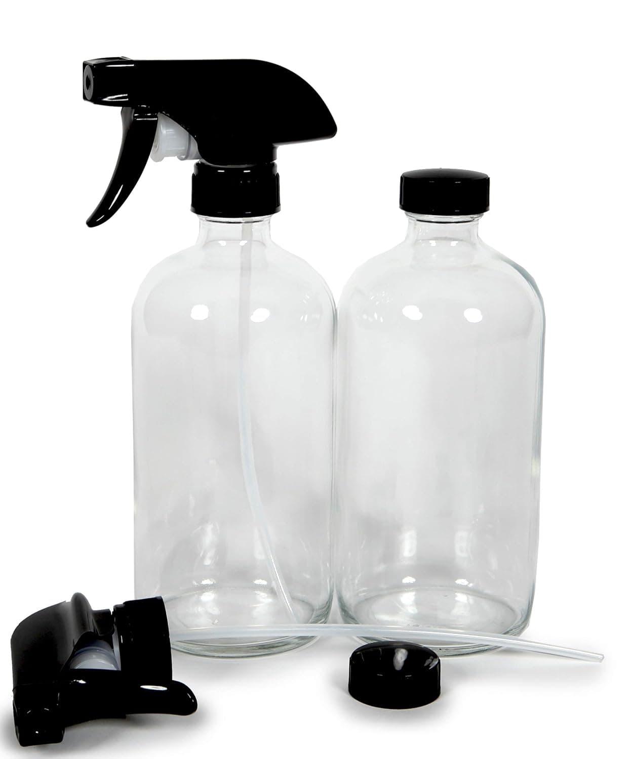 Vivaplex, 2, Large, 16 oz, Empty, Clear, Glass Spray Bottles with Black Trigger Sprayers and lids