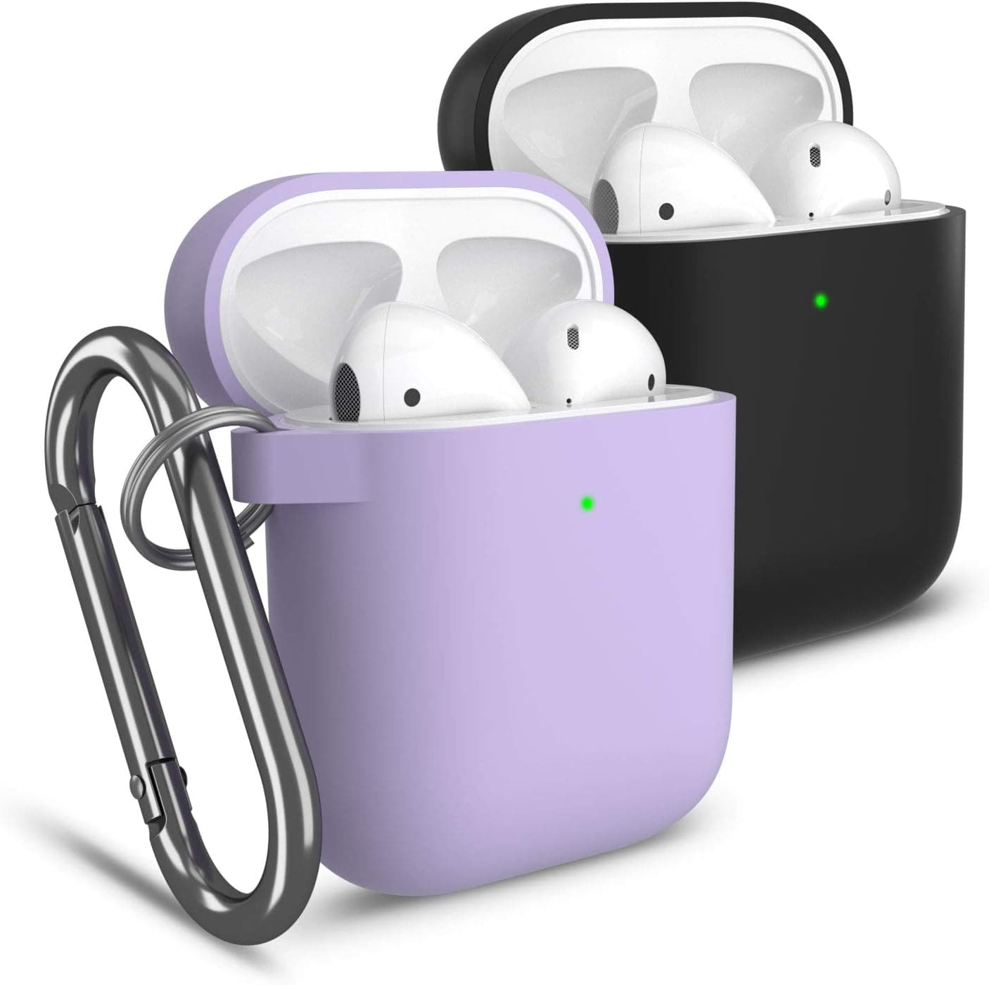 Cuauco Compatible for AirPods Case,2 Pack Protective Silicone Case Cover for Apple AirPods 2&1,Front LED Visible,with 2 Keychain,30 Pcs Cleaning Kit(Includes Anti Static Brush,Swabs)(Black+Lavender)