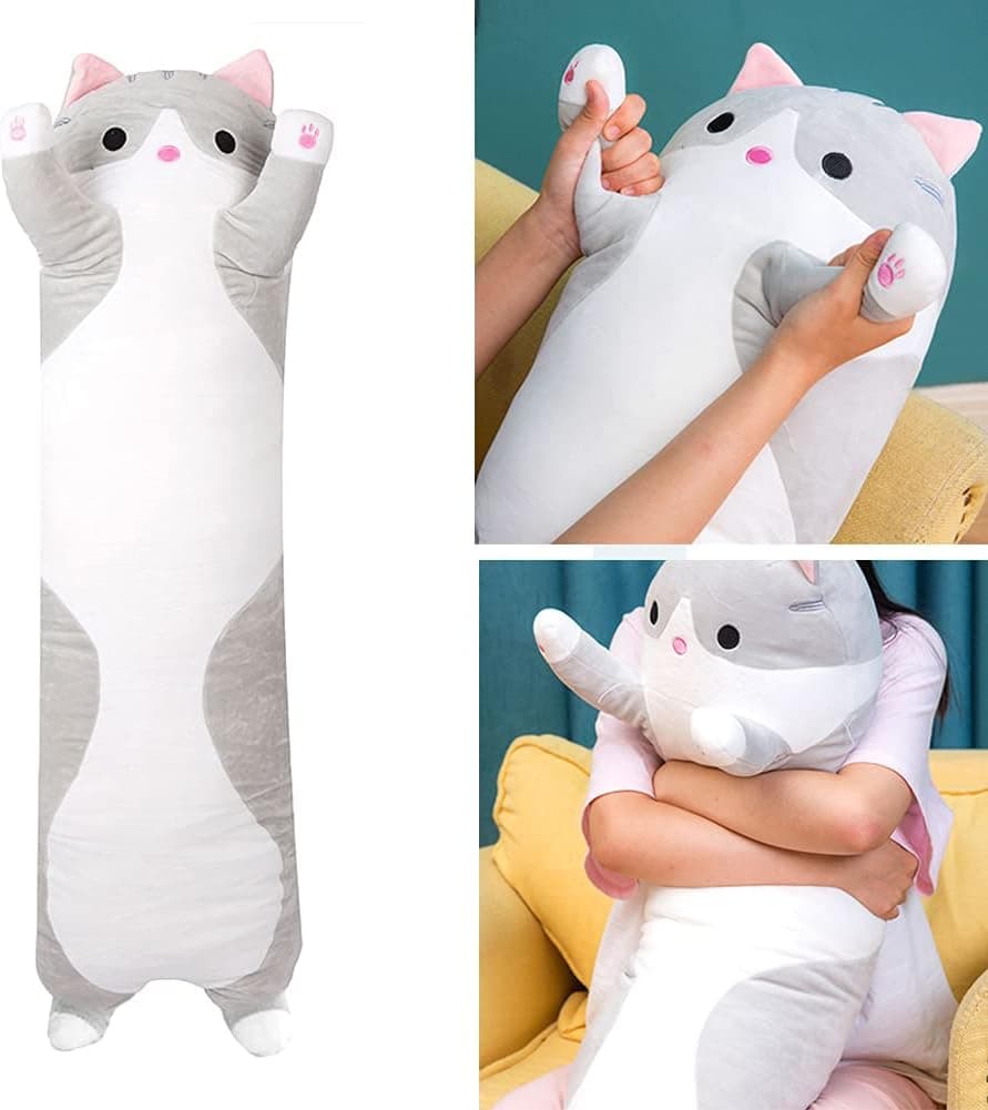 Runing Pet Cat Soft Plush Long Throw Pillow Plush Cat Doll Soft Stuffed Small Cat Pillow Cat Cushion Toy for Kids Girlfriend, Gray, 43.30 Inch, (6A14G632CGP58PQJ)
