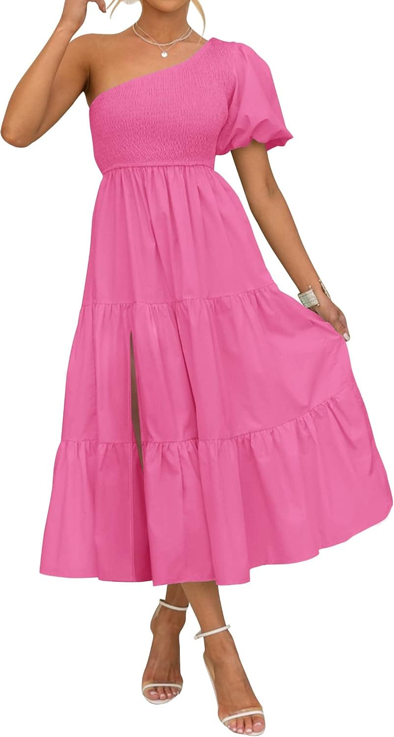 ZESICA Women's 2023 Boho Summer One Shoulder Short Sleeve Smocked Side Split Ruffle Swing Midi Dress