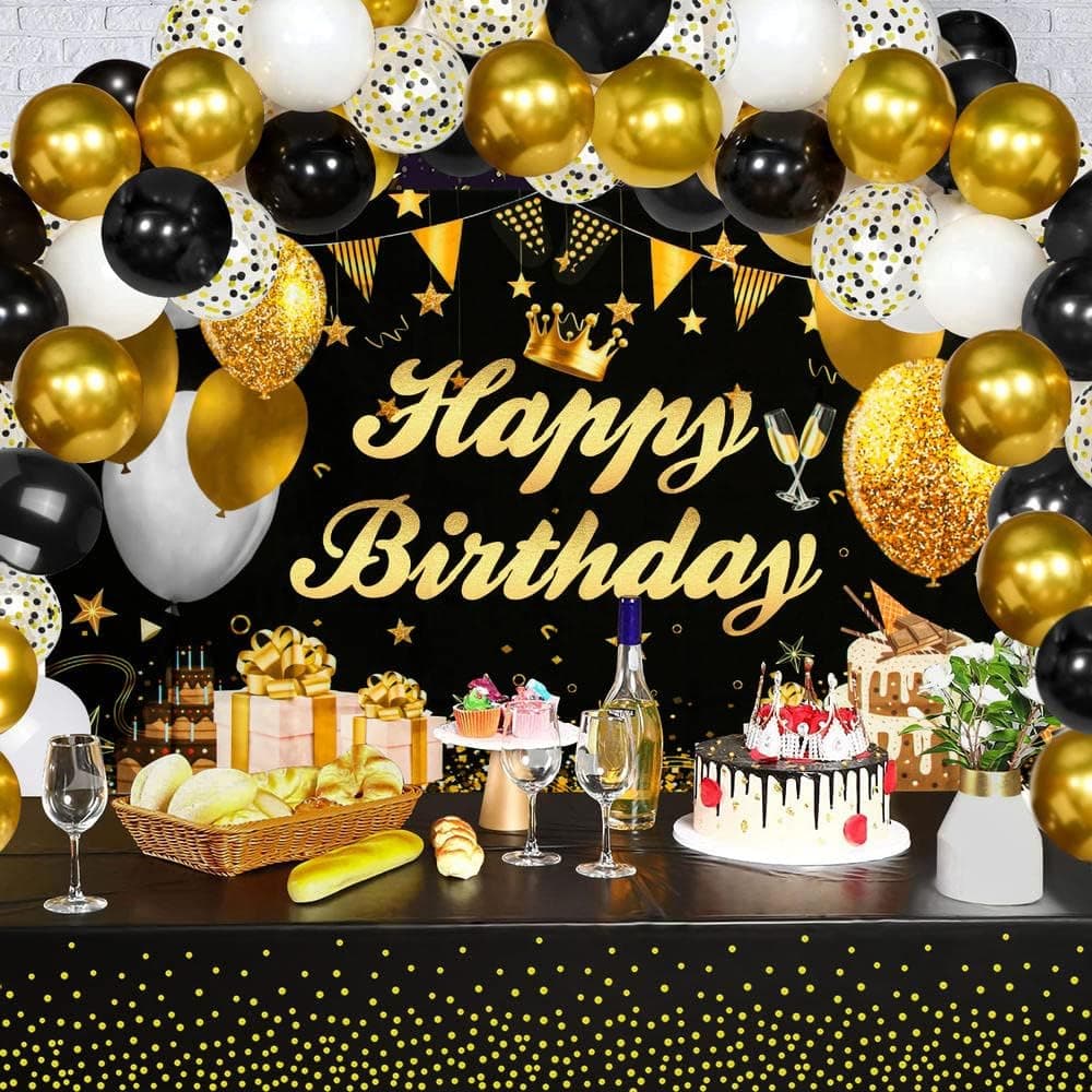 Black Gold Birthday Party Decorations, Men Birthday Decoration 56 Set, Black Gold Balloon, Happy Birthday Background Cloth, Background Cloth Rope, Tablecloth, Glue Dot, Ribbon, Adult Party Decorations