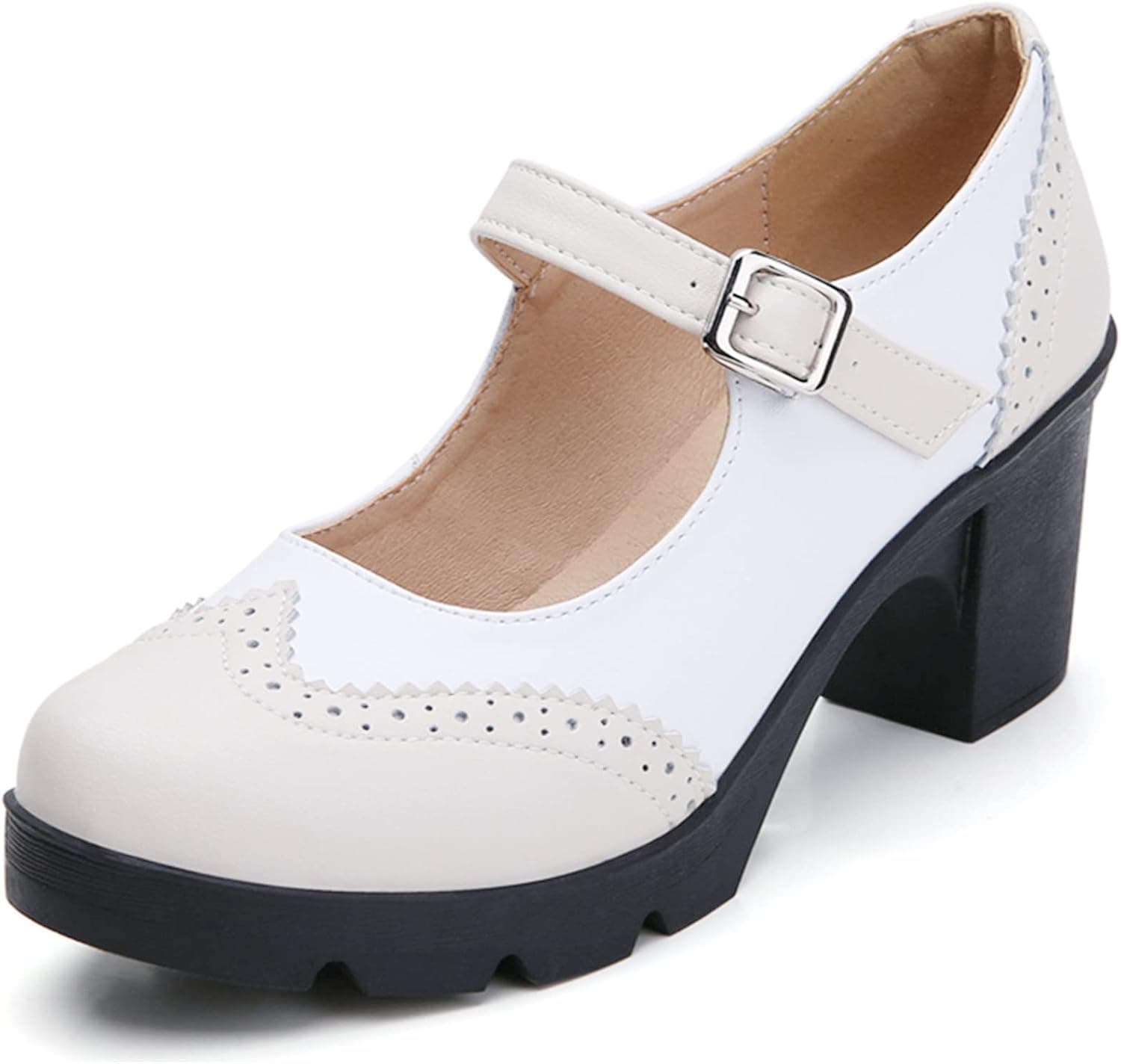 DADAWEN Women's Leather Classic Platform Mid Heel Mary Jane Square Toe Oxfords Dress Shoes