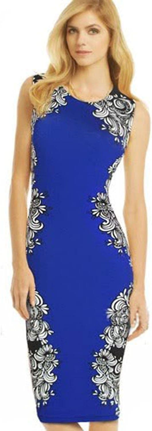 PAKULA New Fashion 2014 Noble Seleb O neck Sleeveless Knee-length Stretch Slim Bodycon Pencil Party Maxi Print Dresses,Large