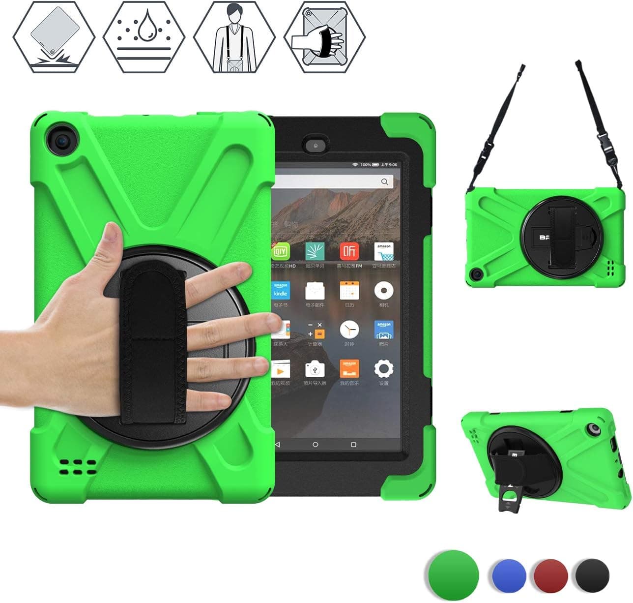 BRAECN Amazon Fire 7 Tablet Case (2019/2017 Model,9th/7th Generation), Rugged Shockproof Protective Case Cove with Handle Strap,Kickstand,Shoulder Strap for Amazon Kindle Fire 7 Tablet for Kids-Green