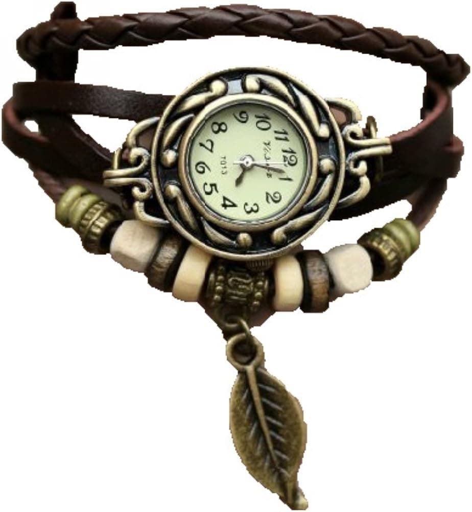 Brown Color Quartz Fashion Weave Wrap Around Leather Bracelet Lady Woman Wrist Watch