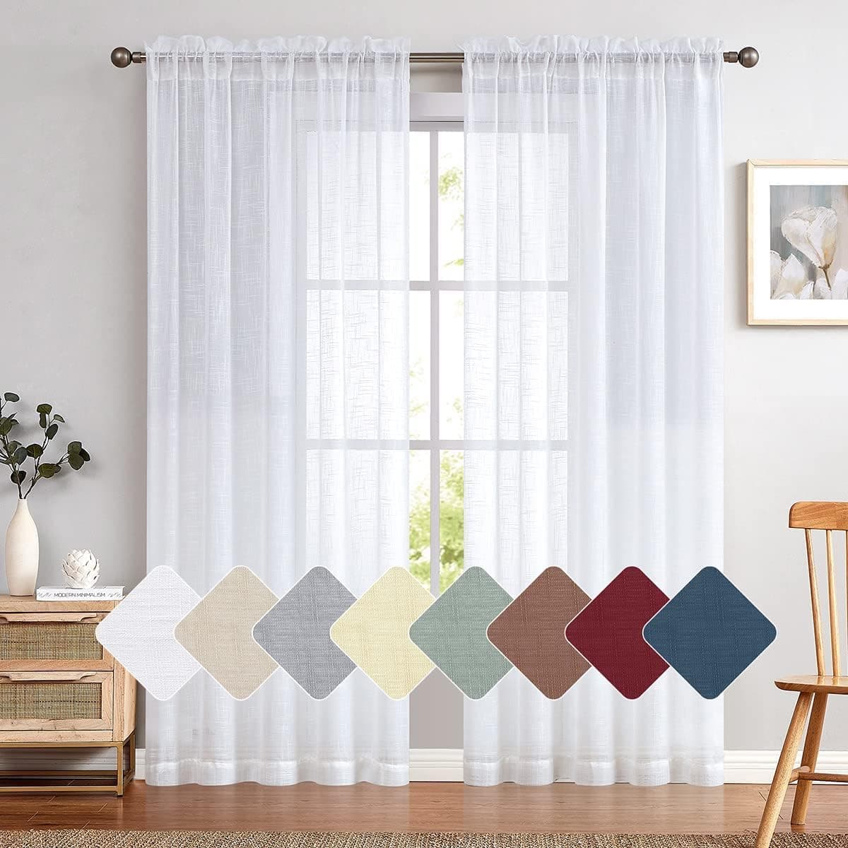 Lazzzy Off White Sheer Curtains Linen Textured Drapes 96 Inch Length Rod Pocket Open Weave Linen Look Window Curtains for Living Room Bedroom 2 Panels