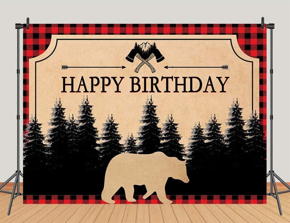 Wild One Lumberjack Happy Birthday Photography Backdrop Red and Black Buffalo Plaid Bear Pine Forest Photo Background Kids Birthday Party Decoration Cake Table Banner Photo Booth Props 7x5ft