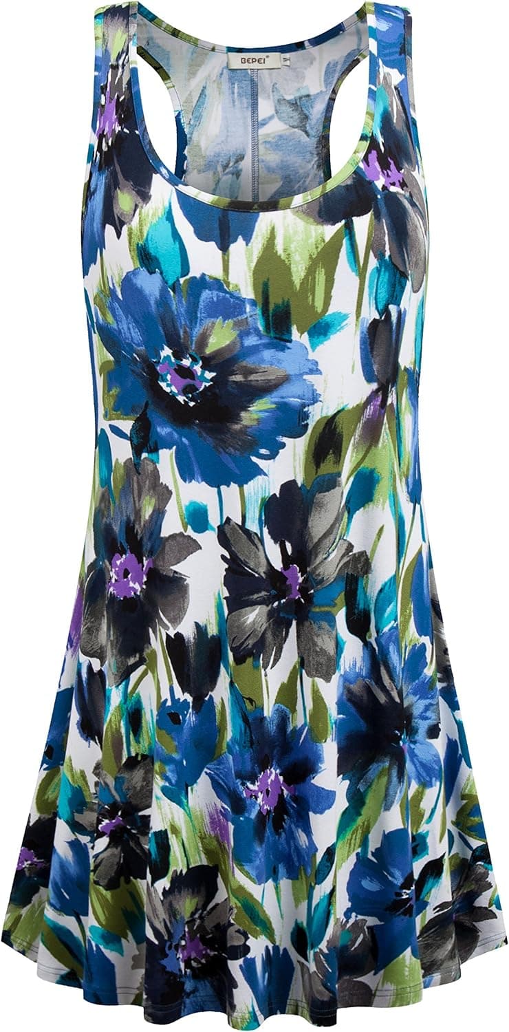 Bepei Womens Summer Racerback Dress Sleeveless Casual Flowy Floral Sundress Blue Grey