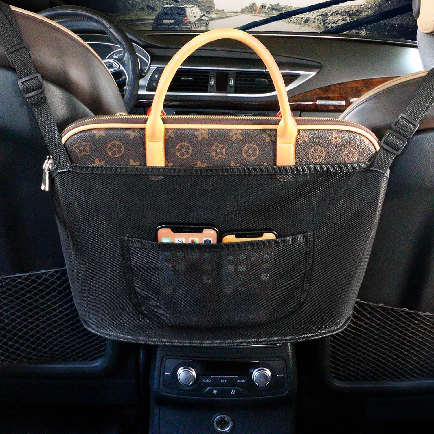 Anyuxin Car Net Pocket Handbag Holder，Net Pocket Handbag, Seat Back Net, Car Storage Netting Pouch, Used to Store Wallets and Document Bags, Backseat Pet Kids (Mysterious Black)