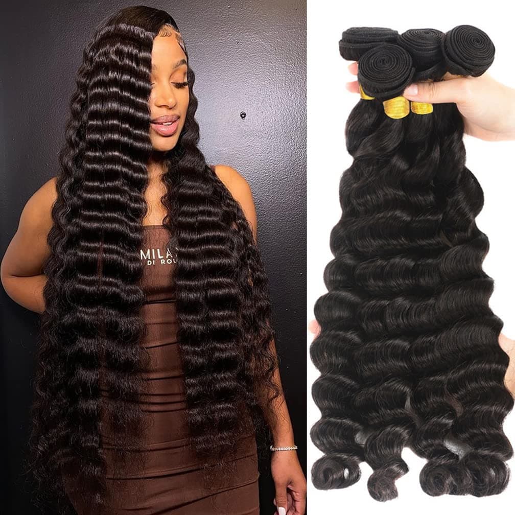 Brazilian Loose Deep Bundles Loose Wave 4 Bundles Human Hair 24 26 28 30 Inch 9a 100% Unprocessed Virgin Remy Human Hair Loose Deep Wave 4 Bundles Natural Black Color Hair Extensions.
