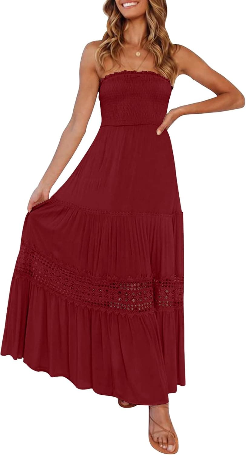 ZESICA Women's 2023 Summer Bohemian Strapless Off Shoulder Lace Trim Backless Flowy A Line Beach Long Maxi Dress