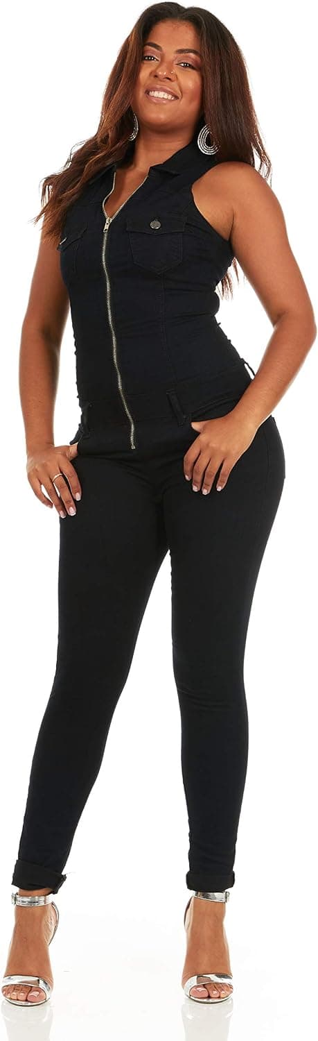 COVER GIRL womens Denim Biker Skinny Long Jumpsuit Overalls Sexy Zip Up Sleeveless