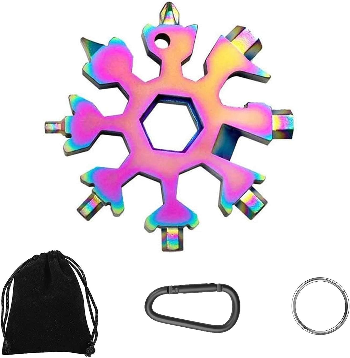 19 in 1 Snowflake Multi-Tool,Stainless Steel Snowflake Standard Multitool,Compact Portable Snowboarding Screwdriver with Key Ring for Bottle Opener/Outdoor Camping/Keychain, Great Christmas (Colorful)