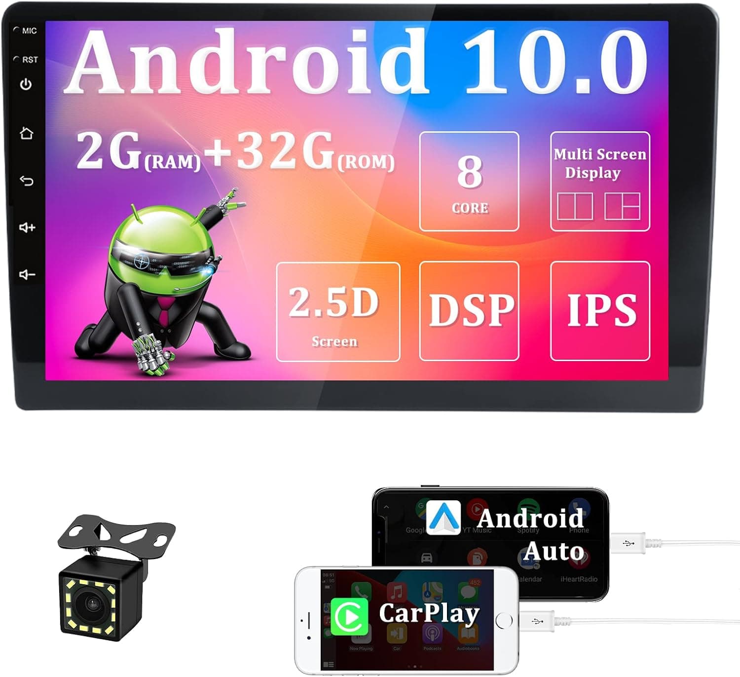2022 Newest Double Din 8 core 2GB+32GB Car Stereo, Camecho 10.1" Android 10 Car Radio GPS Built-in Apple Car Auto Play& DSP Supports Android Auto/Split Screen/FM/AM/RDS/AHD Backup Camera