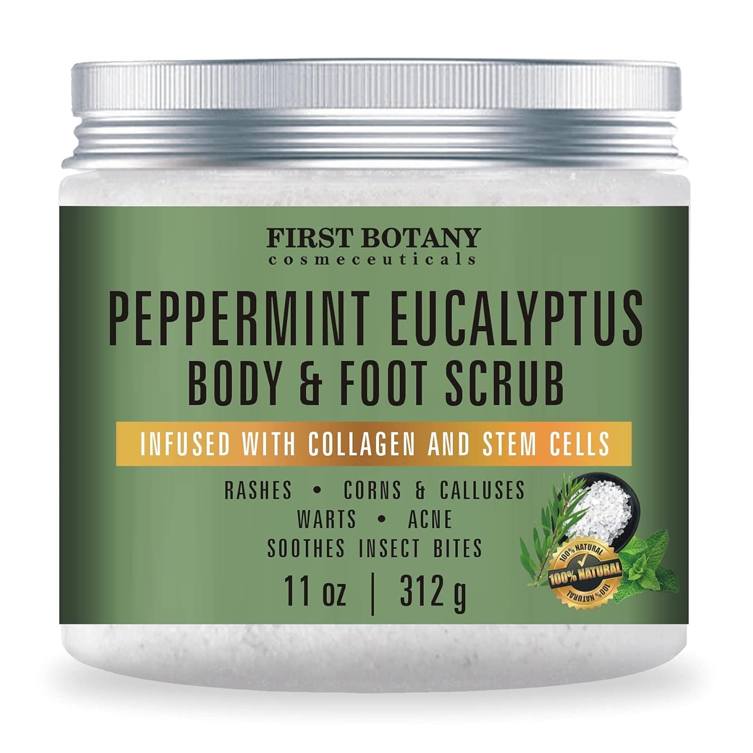 100% Natural Peppermint Eucalyptus Tea Tree Body & Foot Scrub - w/Collagen & Stem cells, Best for Acne, Dandruff & Warts, Helps with Corns, Calluses, Athlete foot, Jock Itch & Body Odor (11 oz)