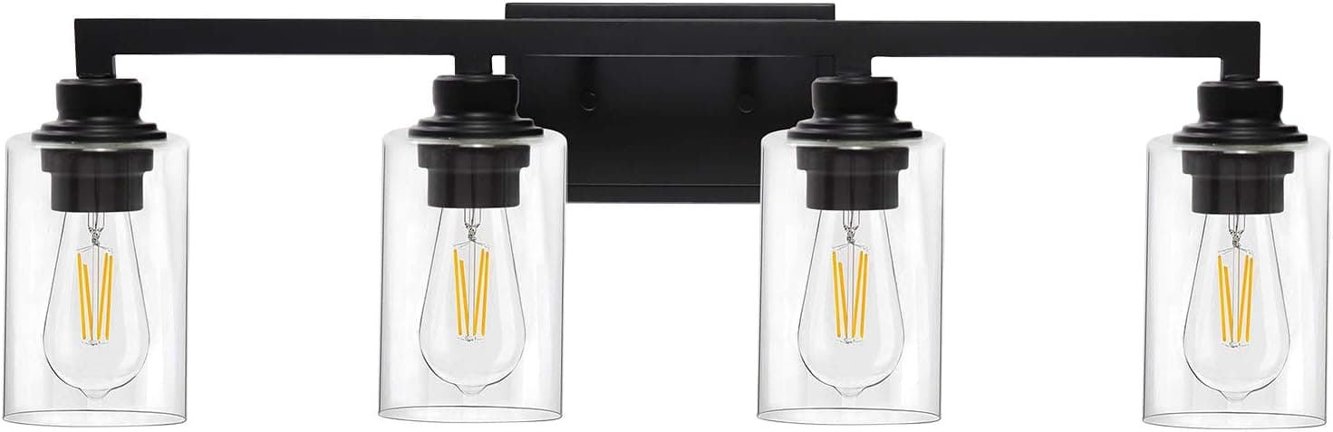 VINLUZ Industrial Black Vanity Light 4 Lights with Clear Glass Shade Farmhouse Bathroom Light Fixtures Metal Wall Lighting Sconces for Hallway Bedroom Living Room