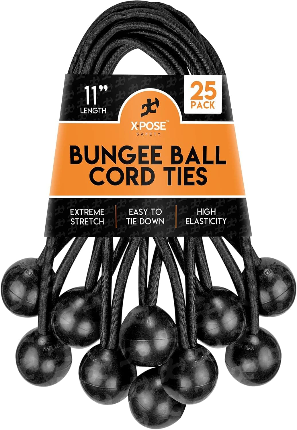 Xpose Safety Bungee Ball Cords 11" 25 Pack Heavy Duty Black Stretch Rope with Ball Ties for Canopies, Tarps, Walls, Cable Organization