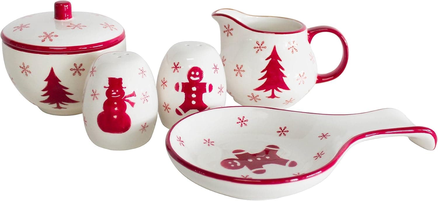 Euro Ceramica Winterfest Collection Festive Ceramic Tableware Necessities, 4 Piece Completer Set, Assorted Hand-Stamped Holiday Designs, Red & White