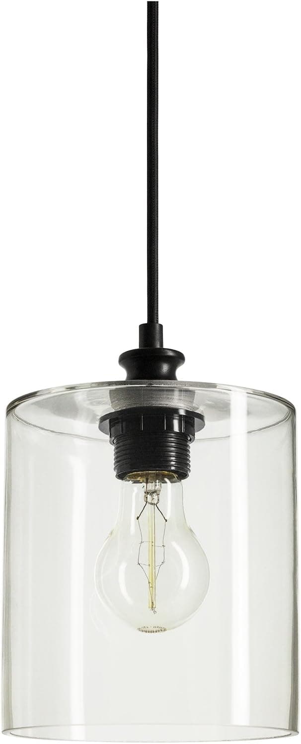 Sunlite 07058-SU Vintage-Inspired Glass Cloche Cylinder Pendant, Farmhouse Light Fixture, Single Socket Medium (E26), 70-Inch Braided Woven Cord, 60 Watts Max (Bulb Not Included), Black Canopy