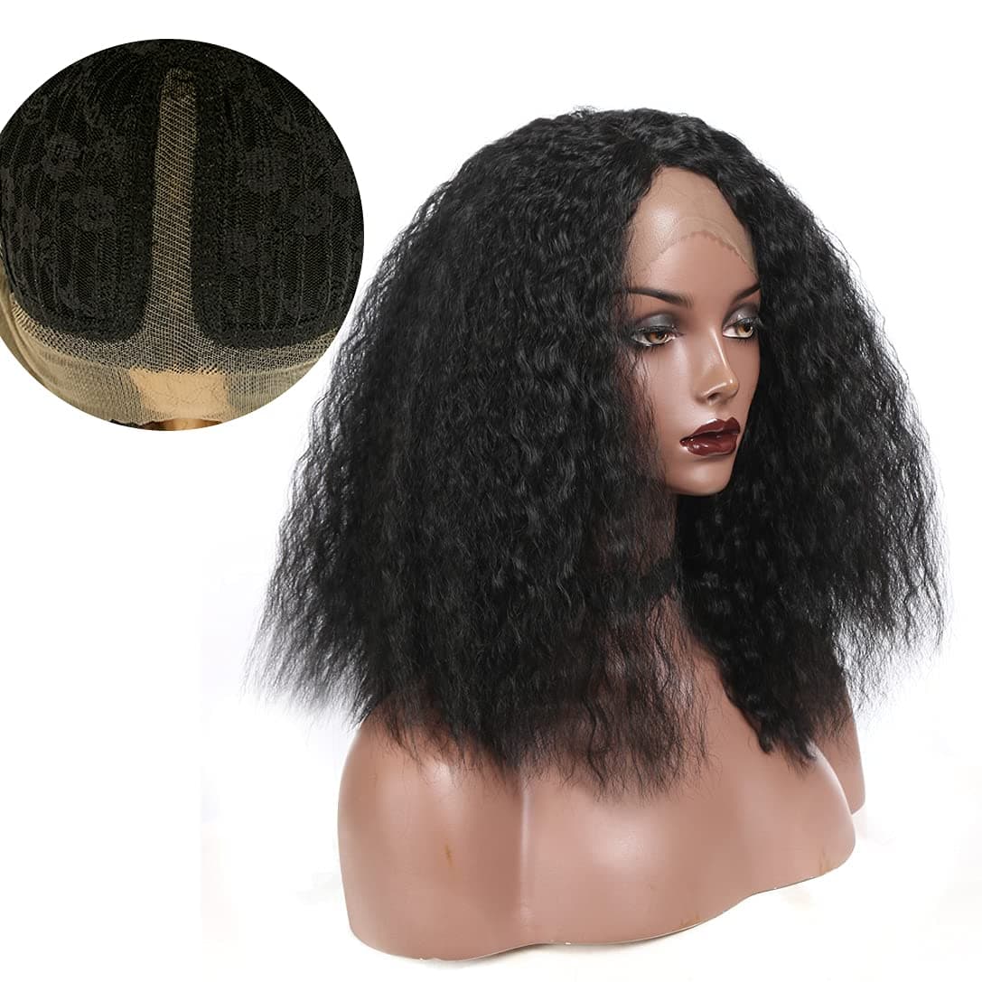 Magibrunette Big Fluffy Bob Wig Kinky Straight Natural Lace Parting Synthetic Wigs for Women Cosplay Costume Heat Friendly Fiber Wigs 16 Inch