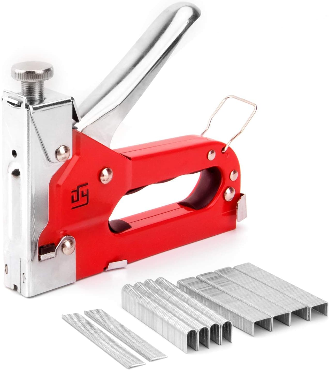 Upholstery Staple Gun Heavy Duty, 3 in 1 Stapler Gun with 1000 Staples, Remover, Manual Brad Nailer Power Adjustment Stapler Gun for Wood, Upholstery, Furniture (RED)