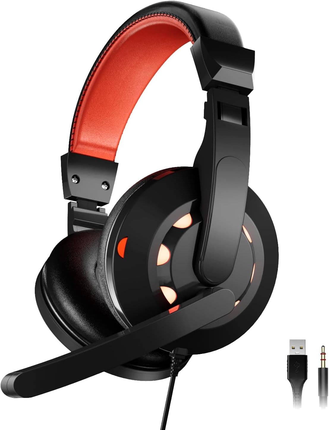 HOPEMATE Wired Gaming Headset with Microphone, Soft Ear Muffs, LED Lighting Effects, Integrated Volume Control, Compatible with PS4, PS5, PC, Xbox, Laptop, Lightweight Headphone for Adults & Kids
