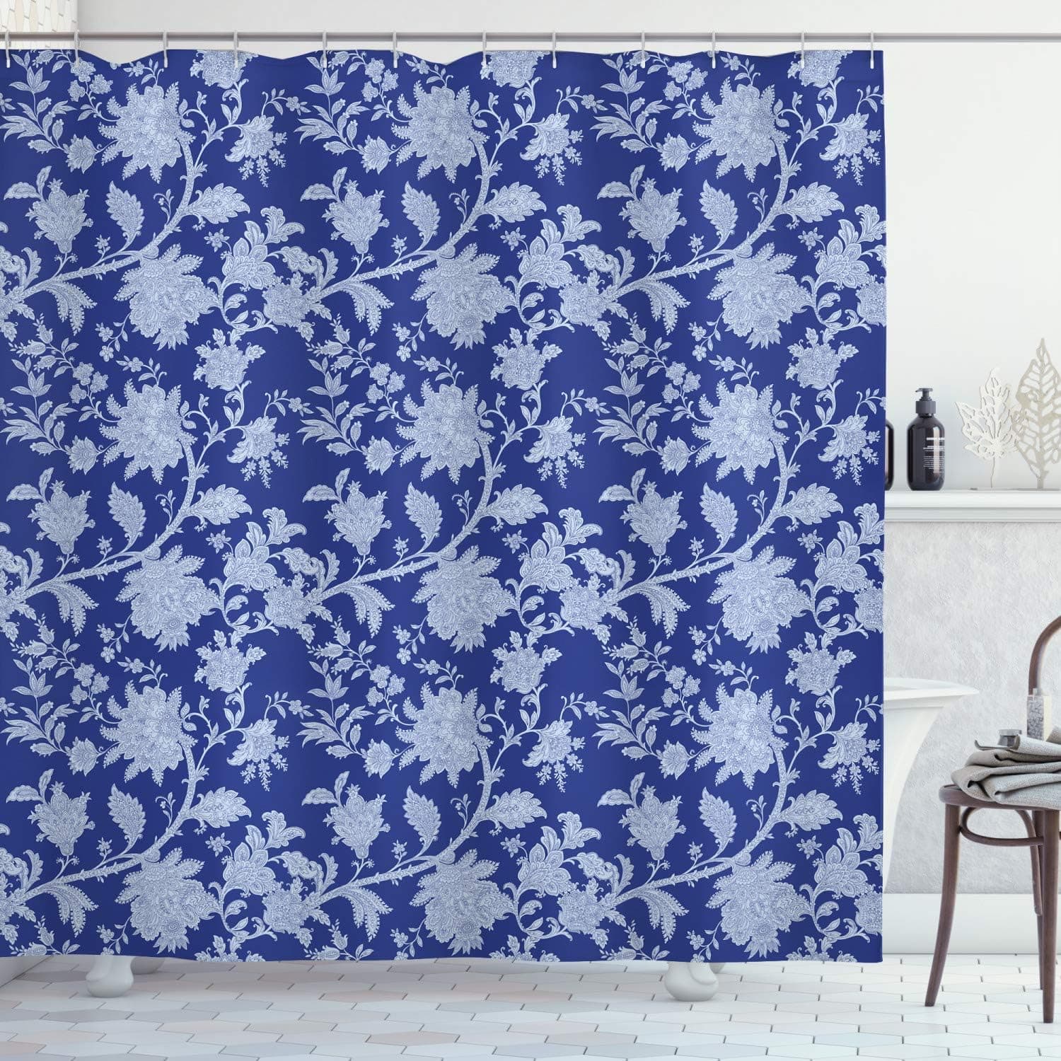 Ambesonne Floral Shower Curtain, Classic Middle Eastern Flowers and Paisley Pattern Ottoman Nostalgic Bloom Design, Cloth Fabric Bathroom Decor Set with Hooks, 69" W x 70" L, Royal Blue