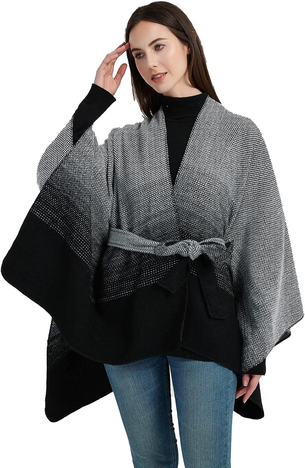 Tikwek Ponchos for Women Open Front Poncho Sweater Plaid Knit Shawl Wrap with Belt and Fringed Sides with Belt.