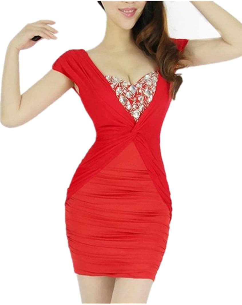 Red Short Above Knee Bling Rhinestone V Neck Night Clubwear Cocktail Dress