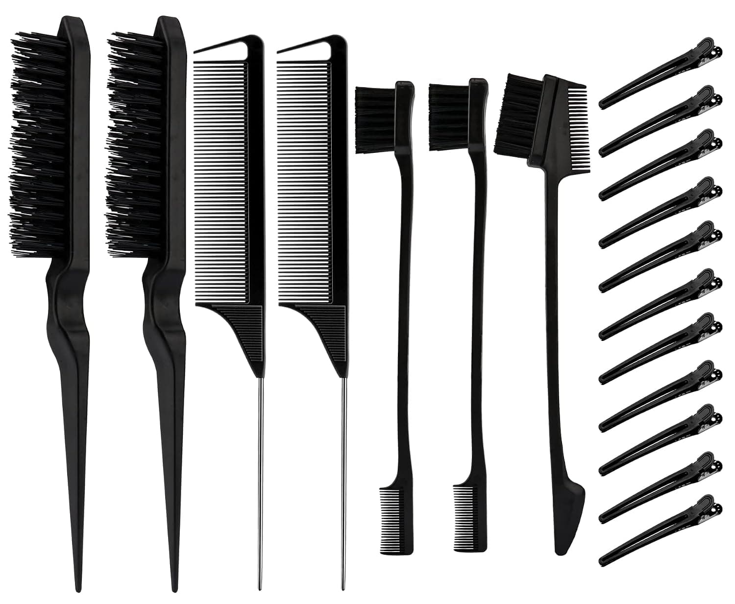 19 Pieces Teasing Brush Set Edge Brush and Rat Tail Comb, Nylon Hair Brush Teasing Comb Double Sided Control Hair Brush Duckbill Hair Clips for Home Salon Hair Styling Sectioning Back Combing (Black)