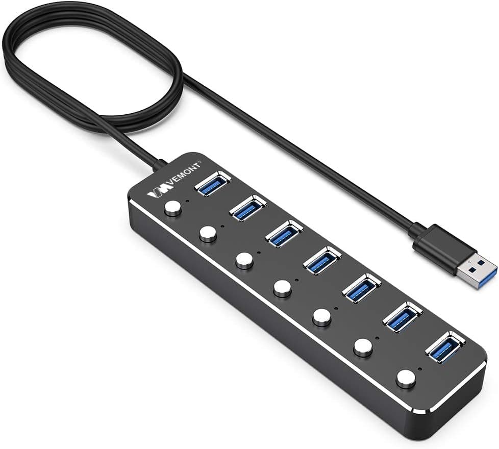 VEMONT USB hub, Aluminum USB 3.0 Data Hub with Individual On/Off Switches and LED Lights for Laptop, PC, Computer (4ft/120cm) (7port)