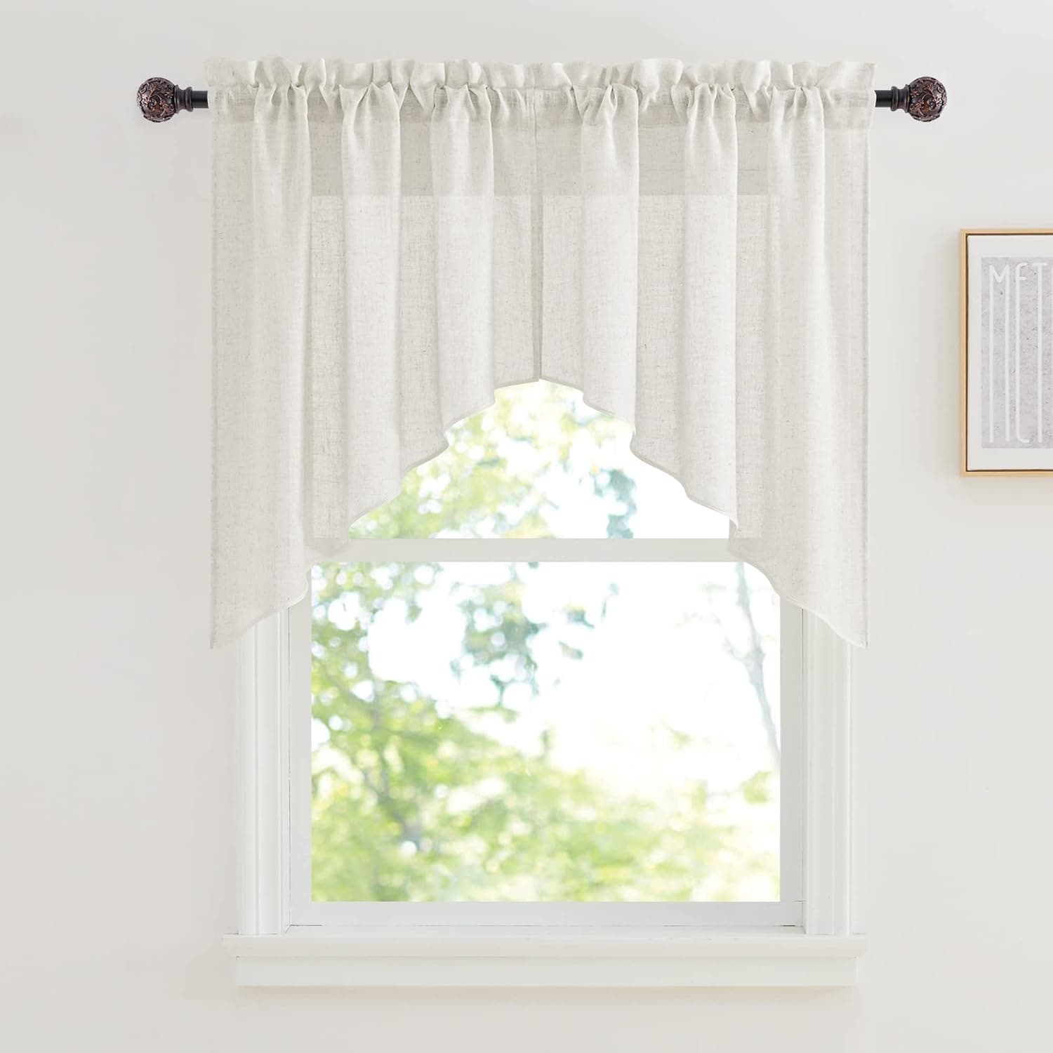 RYB HOME Window Topper Curtains - Linen Sheer Curtains Window Toppers Swag Curtains Simitransparent Sheer Valances for Bedroom Cabinet Kitchen, Natural, 36 x 36 inch Long, 2 Panels