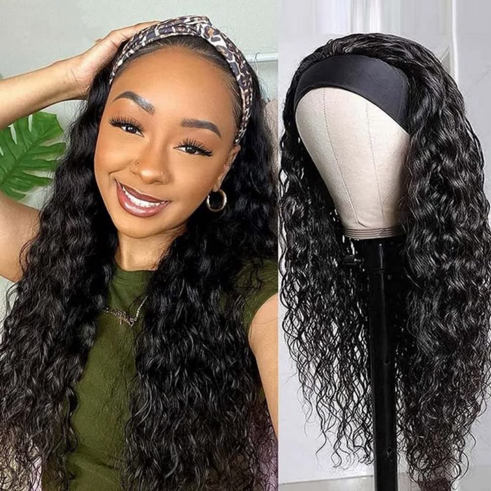 JTMMP Water Wave Headband Wig Human Hair For Black Women 16 Inch 150% Density Glueless None Lace Front Wigs Machine Made Ice Silk Headband Wigs 9A Grade Natural Color