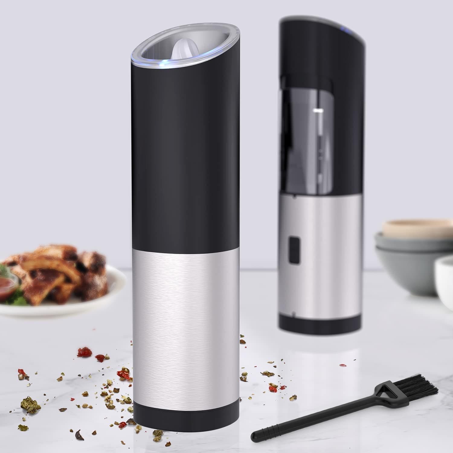 Estefanlo Pack Electric Gravity Pepper Grinder Salt Mill Automatic Pepper Mill Grinder Adjustable Coarseness Battery Operated Stainless Steel Pepper Mill with Light (Batteries Not Included)