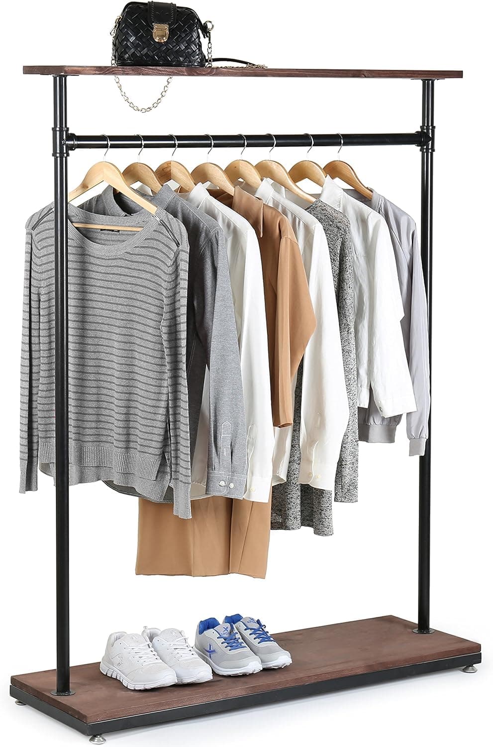 MyGift 60-Inch Freestanding Industrial Pipe Metal Garment Rack Clothing Rack with Shelves Rustic Brown Wood Top and Bottom Storage Shelf