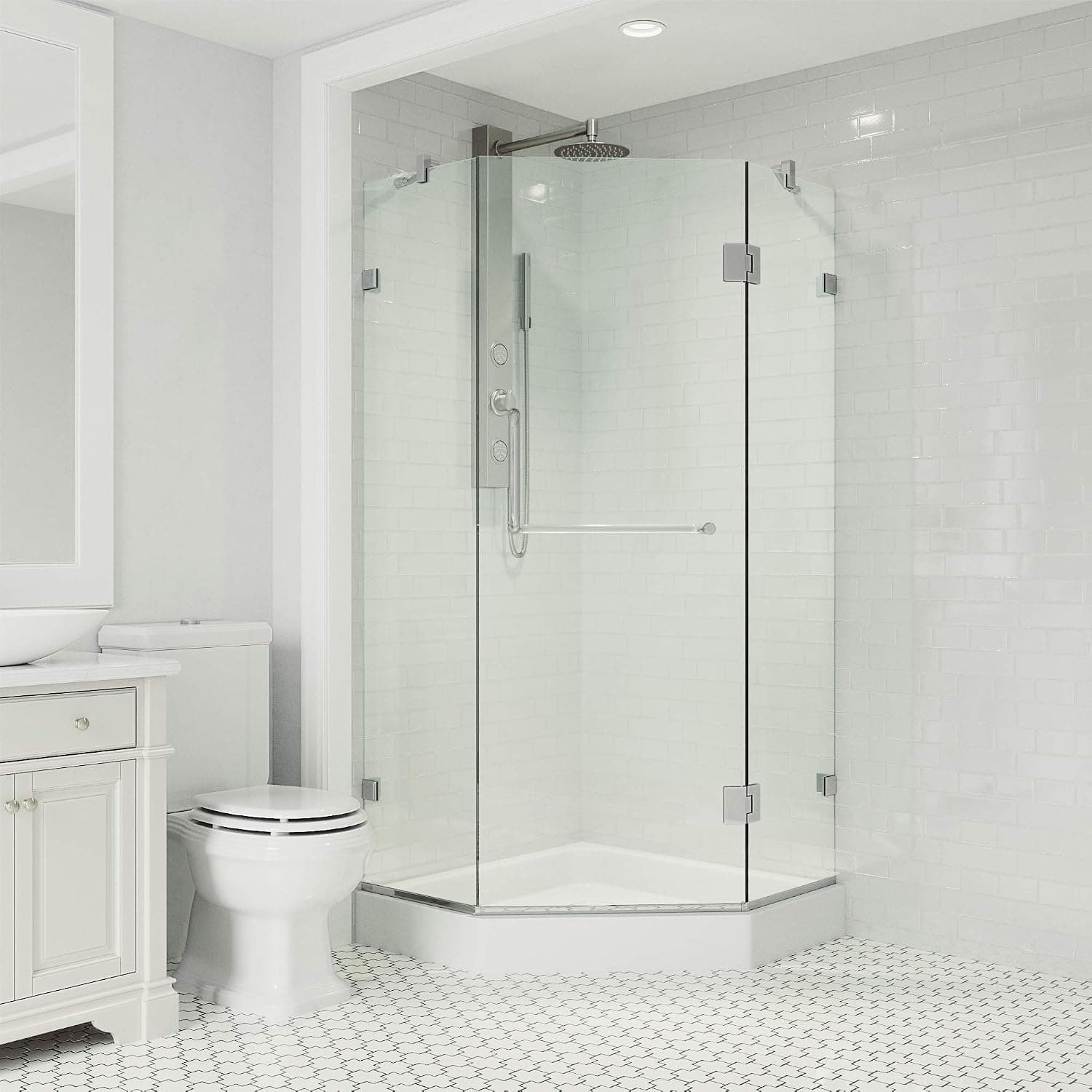 VIGO VG6062CHCL38W 38.13" -38.13" W -78.75" H Frameless Hinged Neo-angle Shower Enclosure with Clear 0.38" Tempered Glass and Stainless Steel Hardware in Chrome Finish with Reversible Handle and Base