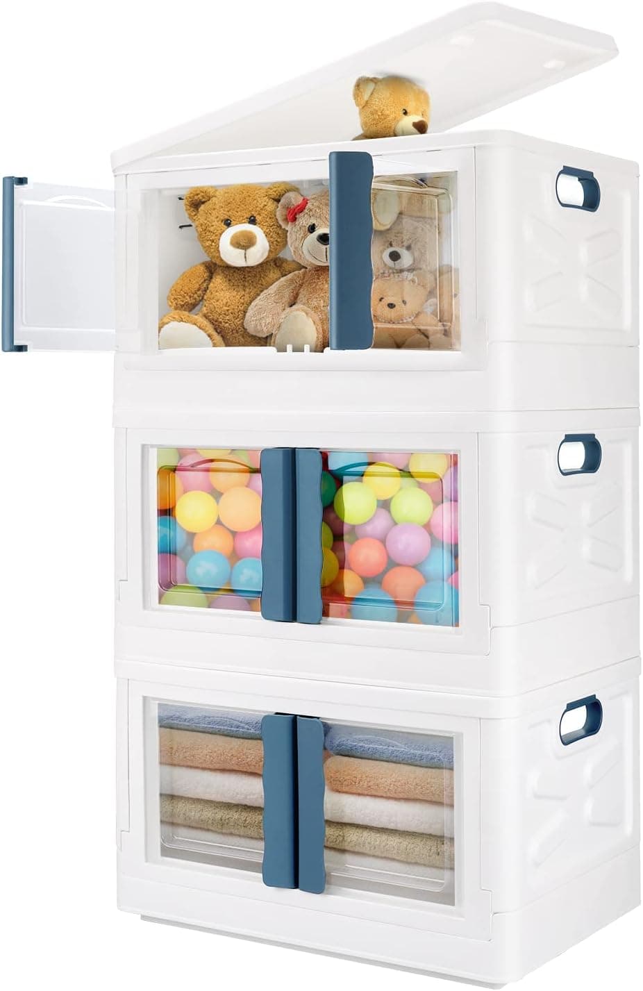 Foldable Storage Bins with Lids 33 Qt*3. Double Door Storage box with wheels and handle.Plastic storage bins for Closet storage,Living Room, Dormitory or Office, Stackable and Nestable.Blue [3-Pack]