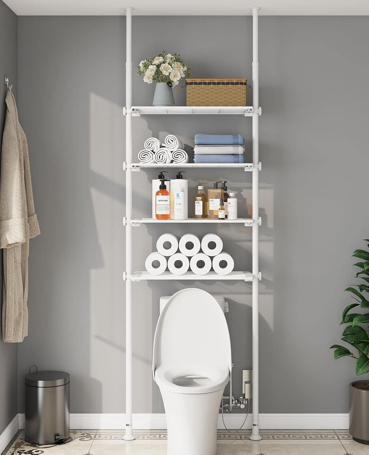 ALLZONE 4 Tier Over The Toilet Storage Cabinet, Adjustable Over Toilet Bathroom Organizer, Drill Free Bathroom Shelves Over Toilet, 92 to 116 Inch Height, Mesh Shelves,White