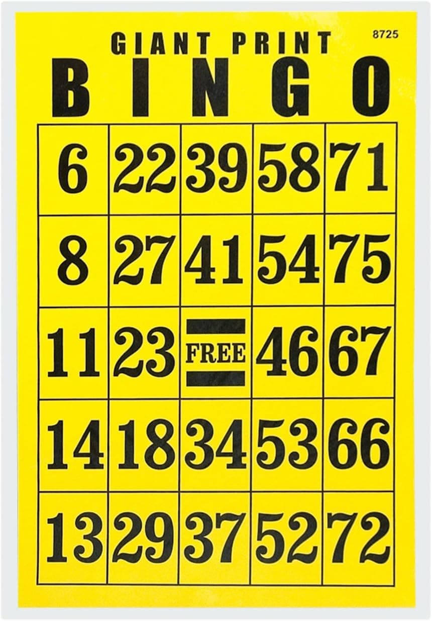 Giant Print Bingo Card - Black on Yellow Background - Reduced Price