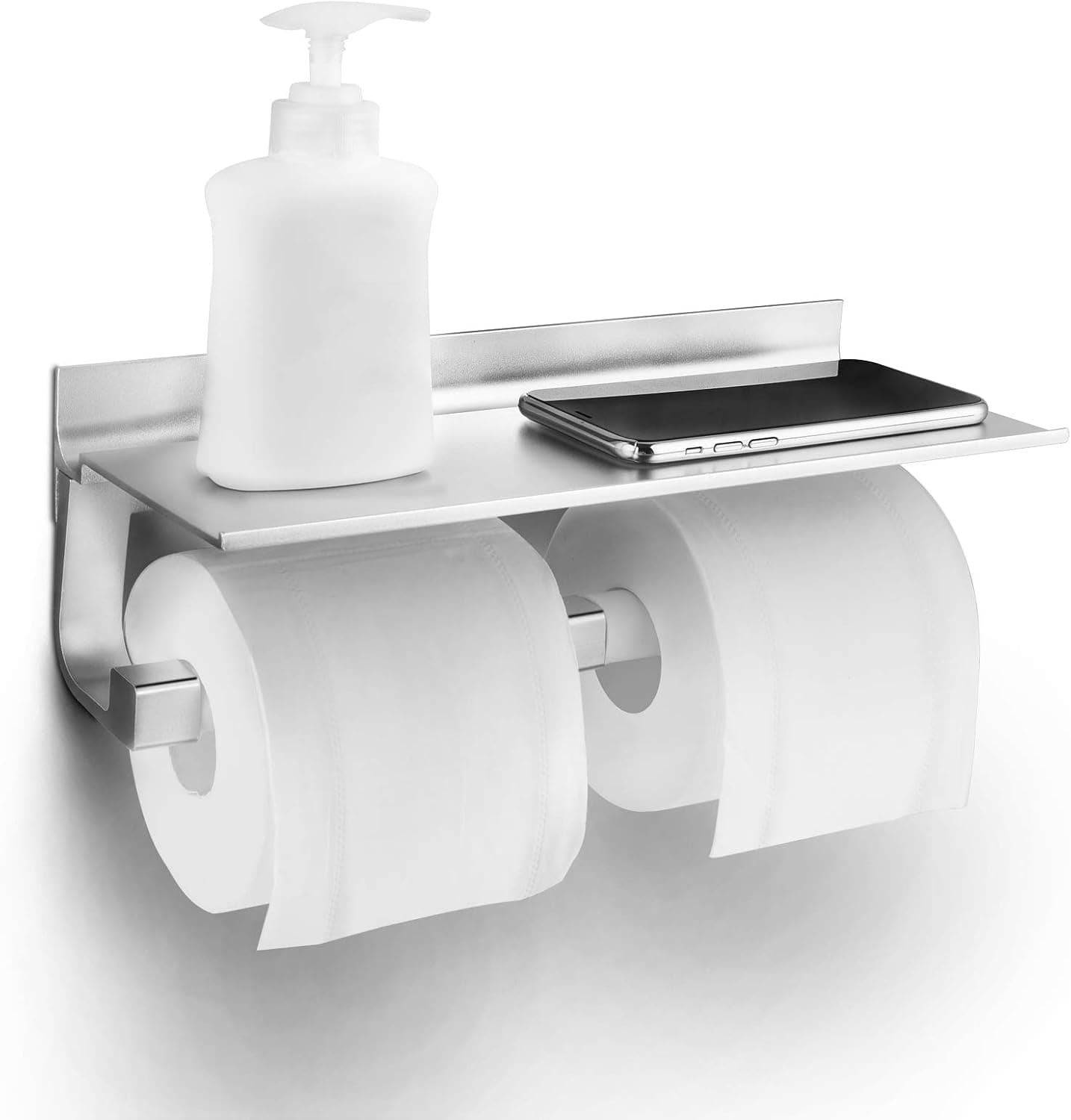 AOYAR Toilet Paper Holder, Double Toilet Paper Roll Holder, Toilet Paper Holder with Shelf, Space Aluminum Double Toilet Roll Holder for Toilet or Bathroom, Wall Mount with Screws and Self Paste Tool