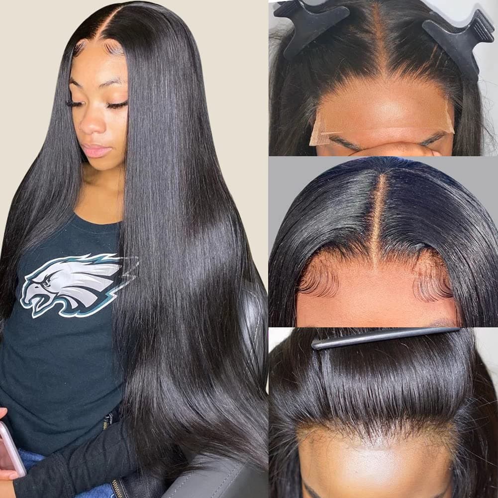 Lakin Glueless HD Lace Front Wigs Human Hair Pre Plucked Bleached Knots with Baby Hair 180 Density 4x4 Straight Lace Closure Human Hair Wigs for Black Women Natural Black Color