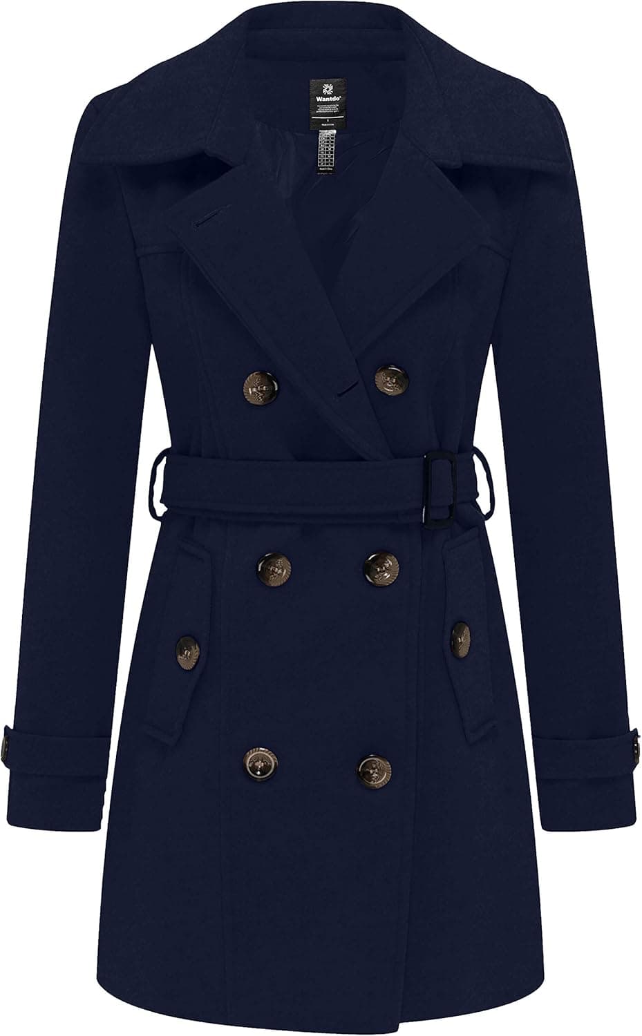 Wantdo Women's Double Breasted Pea Coat Winter Mid-Long Trench Coat with Belt