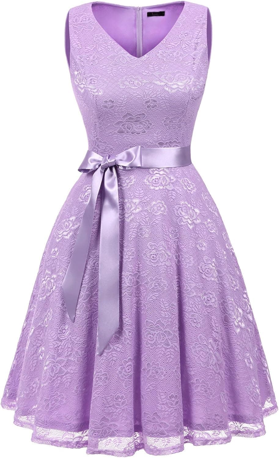 IVNIS Women's Short Bridesmaid Dress V Neck Vintage Floral Lace Swing Cocktail Dress Lavender