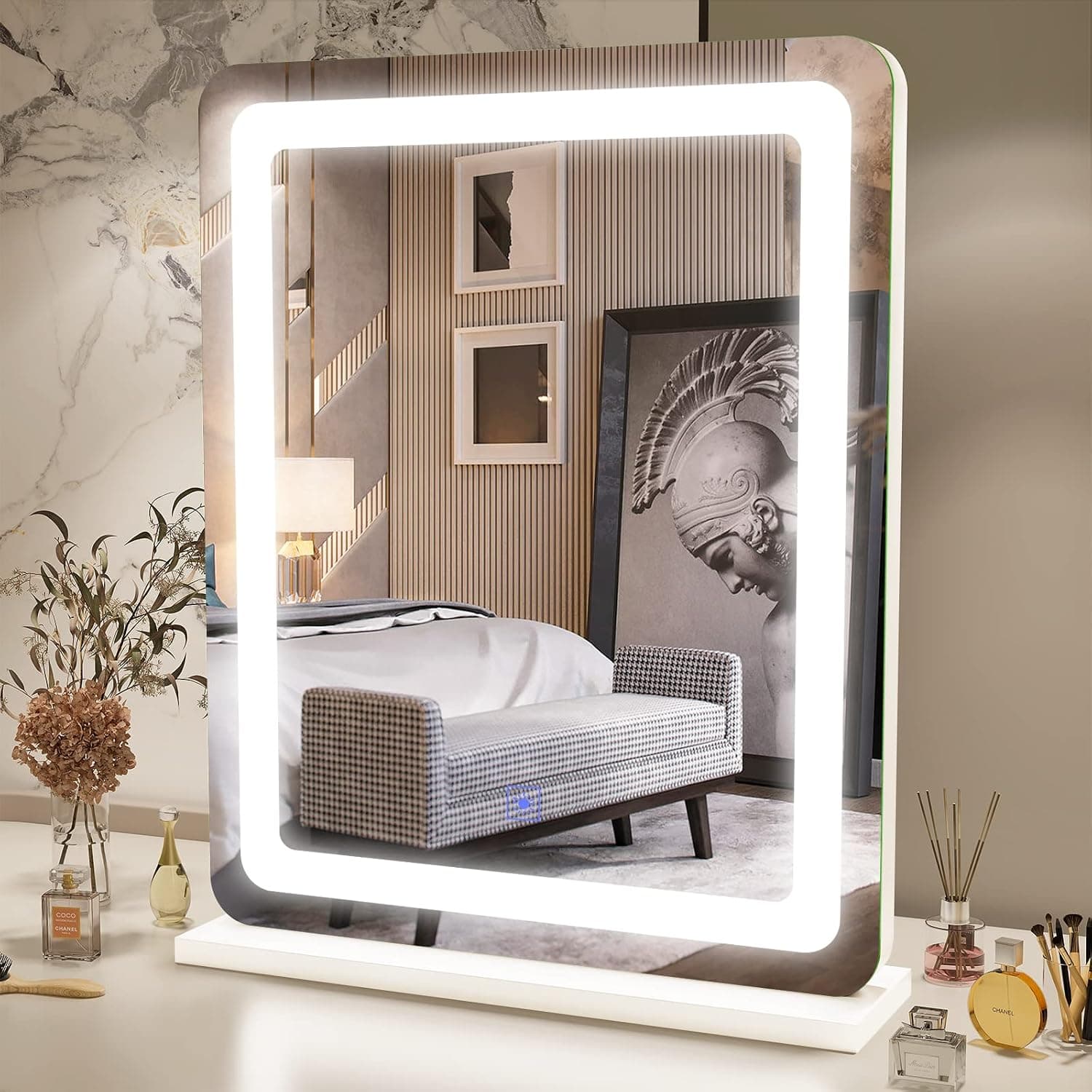 FENNIO Vanity Mirror with Lights 19"x22", LED Lighted Makeup Mirror, Large Makeup Mirror with Lights, Touch Screen with 3-Color Lighting, 5X Magnification, Dimmable, for Vanity Desk Tabletop, Bedroom