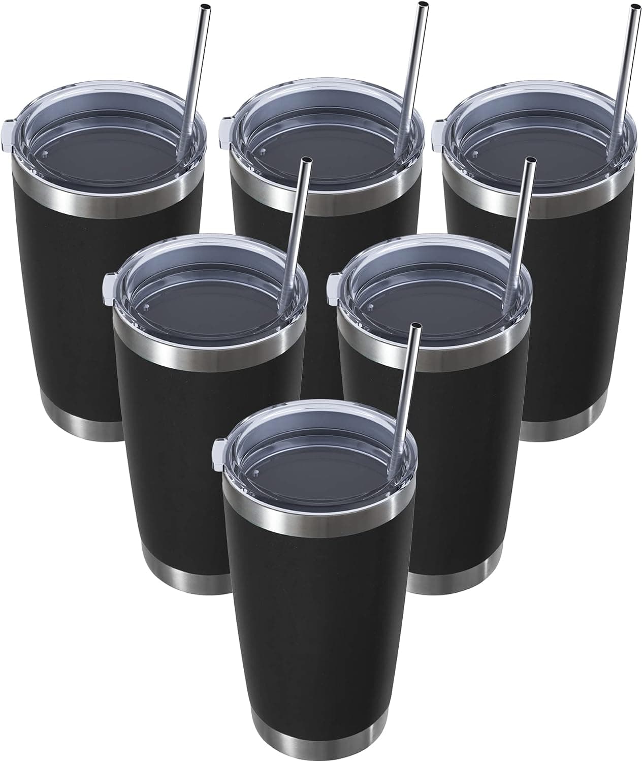 MUCHENGHY 20oz Stainless Steel Tumbler with Lid and Straw, Double Wall Vacuum Insulated Travel Coffee Mug, Powder Coated Thermal Cup for Cold & Hot Drinks(Black, 6 Pack)