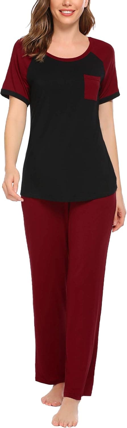 Ekouaer Women's Two Piece Pajamas Set Short Sleeves T-Shirt Long Pants Soft Sleepwear Lounge Set,Large