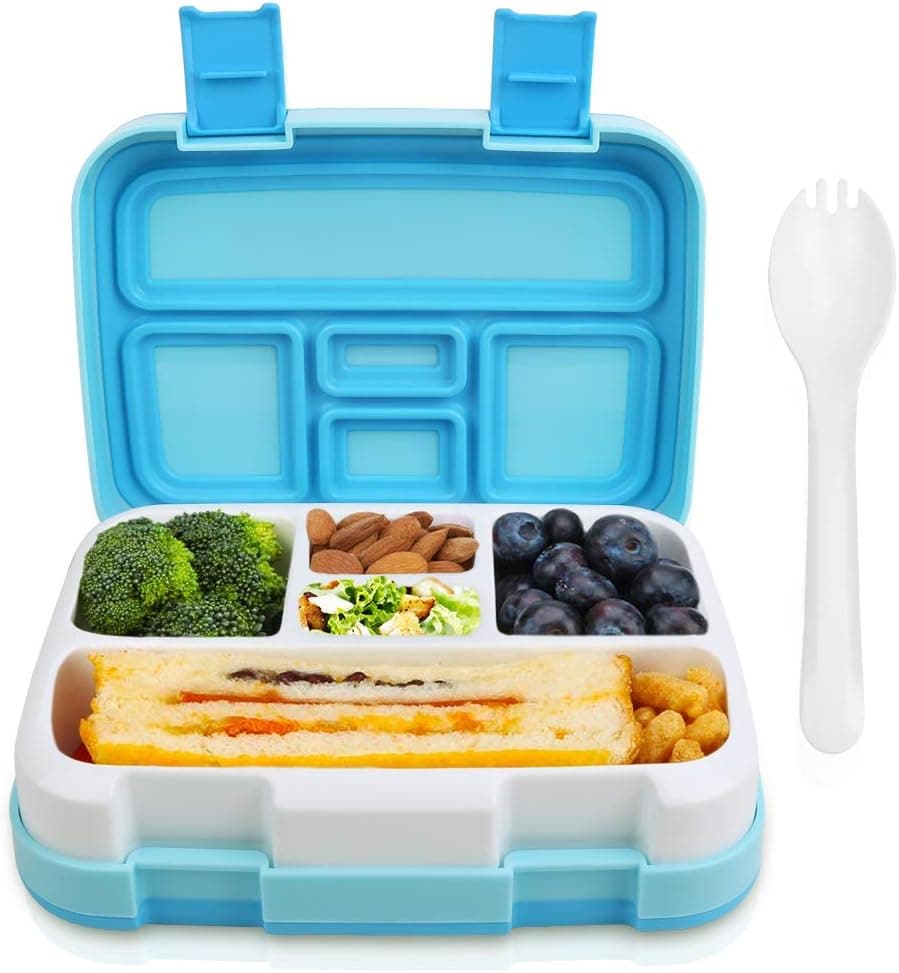 Kids Bento Box,5 Compartment Lunch Container for Kids with Spoon Fork,BPA-Free Leakproof Food Container with Removable Tray for Meal and Snack Packing,Microwave Safe Bento Box for Ages 3 to 7