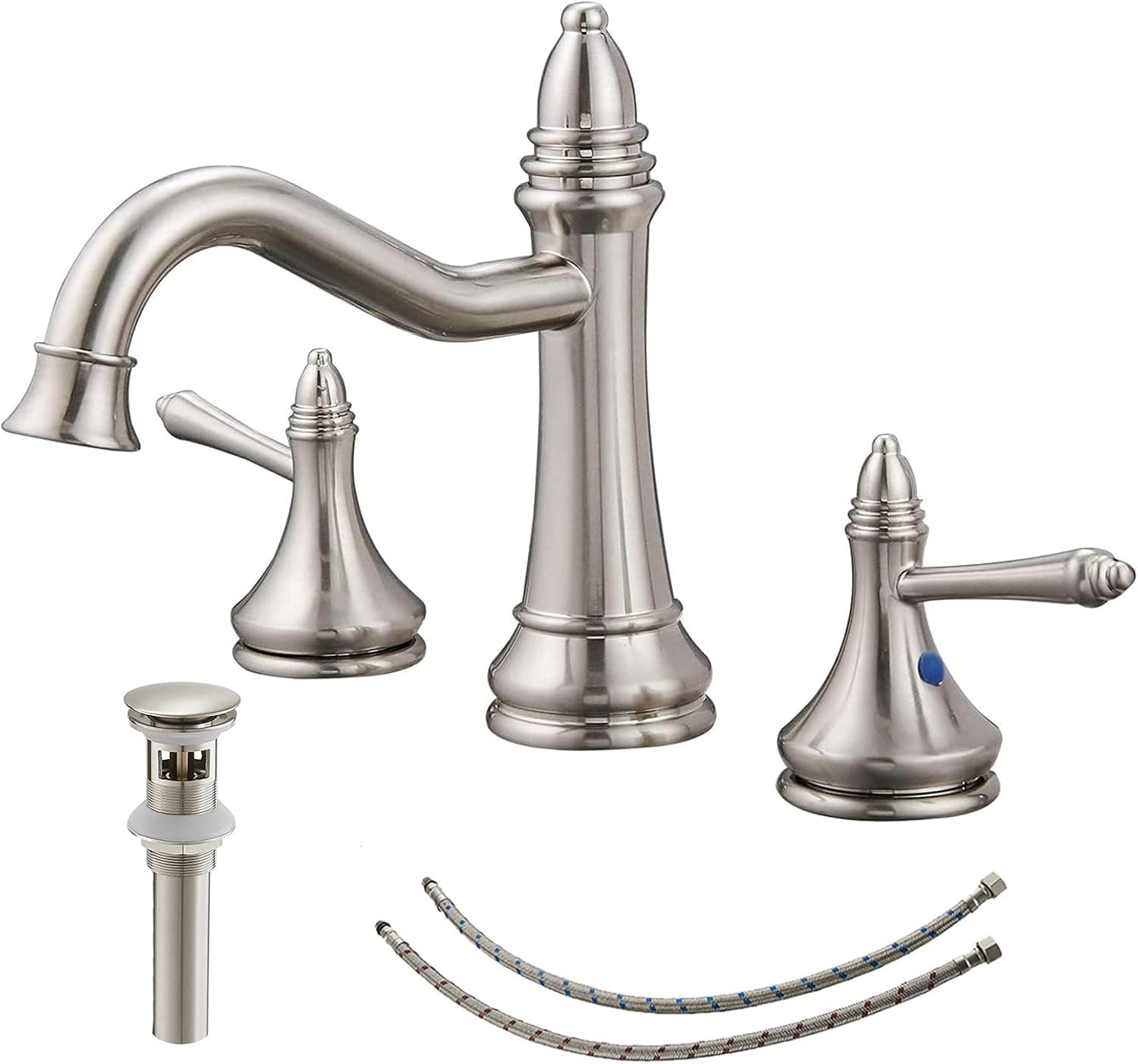 Greenspring Brushed Nickel Bathroom Faucet Widespread 3 Hole 2 Handle For Sink Waterfall Spout Commercial Faucets 8-16 Inch With Pop Up Drain With Overflow Brass Supply Line Lead-Free